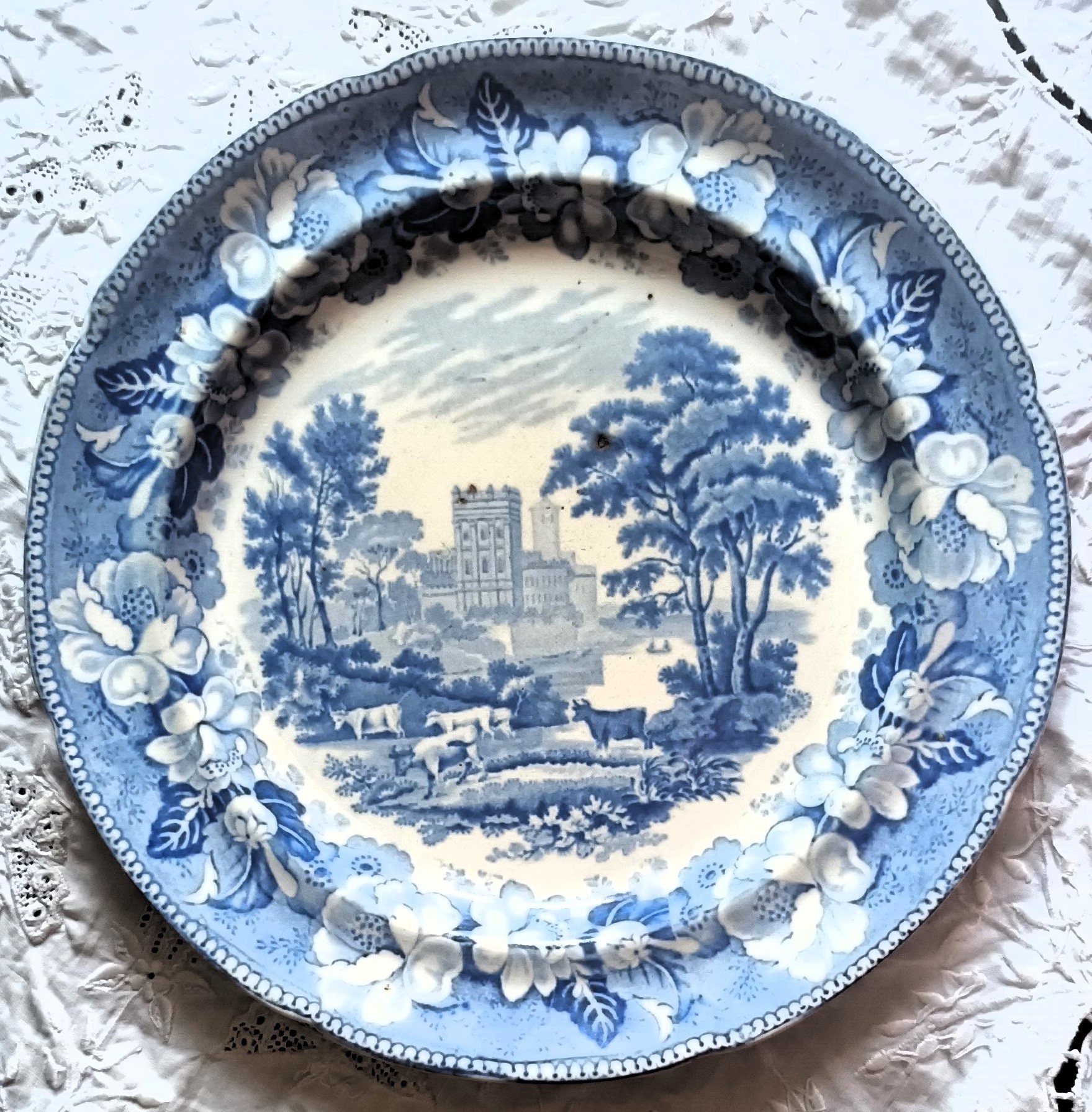 Antique English Georgian Blue & White Transfer Plate ~ "Views" ~ John Rogers & Son